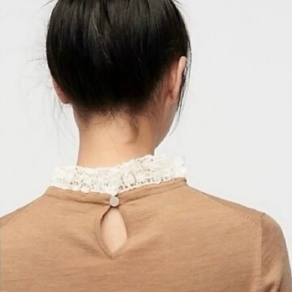 J.Crew Tippi 100% Merino Wool Sweater Lace Collar Details Camel Small